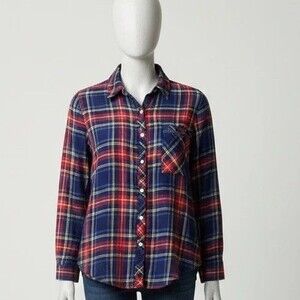 Aerie Navy Blue Red Plaid Flannel Button Down Shirt Soft Aesthetic Grunge Size L
